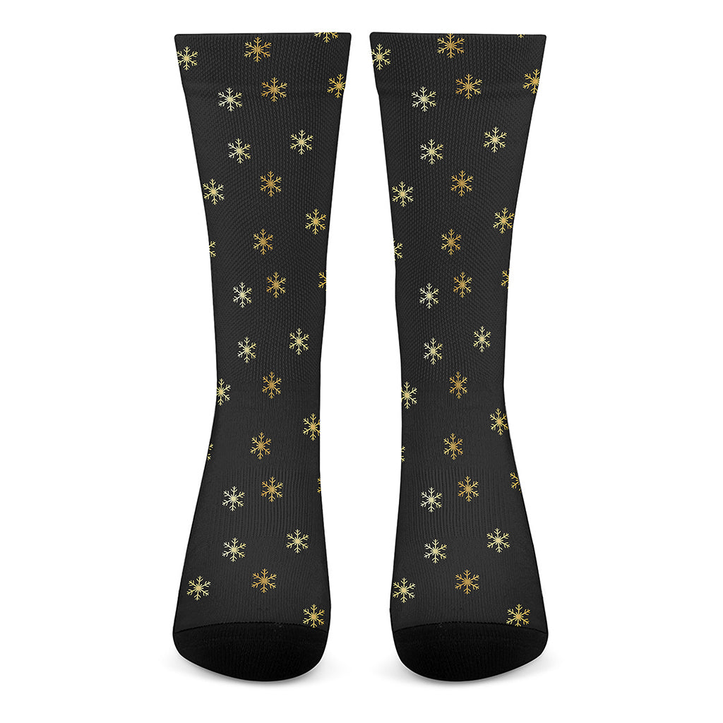 Black And Gold Snowflake Pattern Print Crew Socks