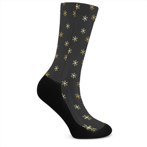 Black And Gold Snowflake Pattern Print Crew Socks