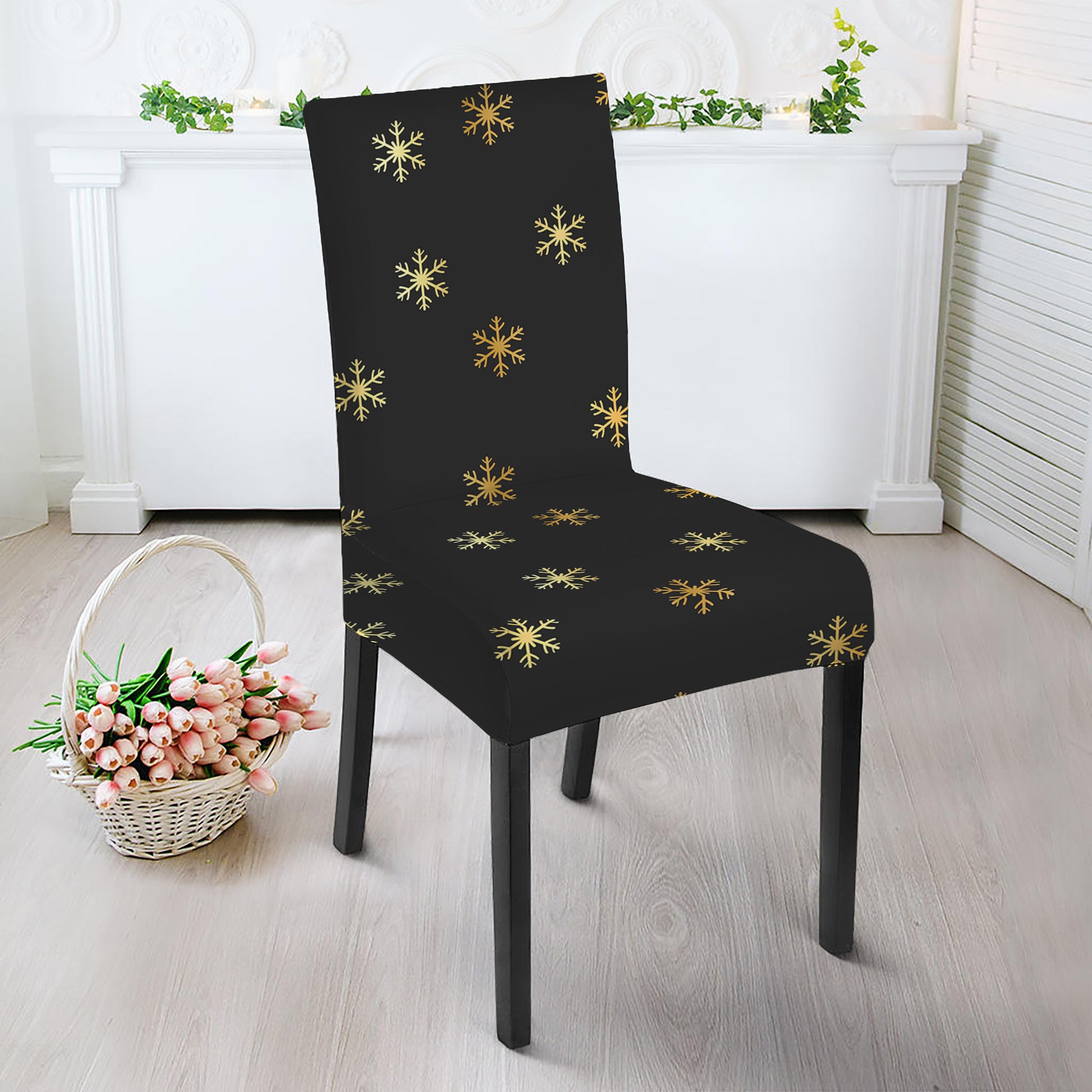 Black And Gold Snowflake Pattern Print Dining Chair Slipcover
