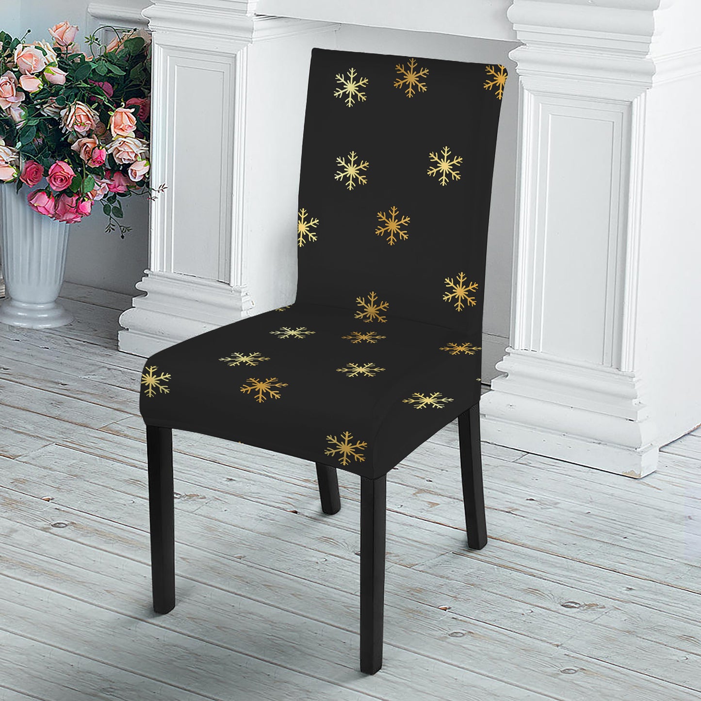 Black And Gold Snowflake Pattern Print Dining Chair Slipcover