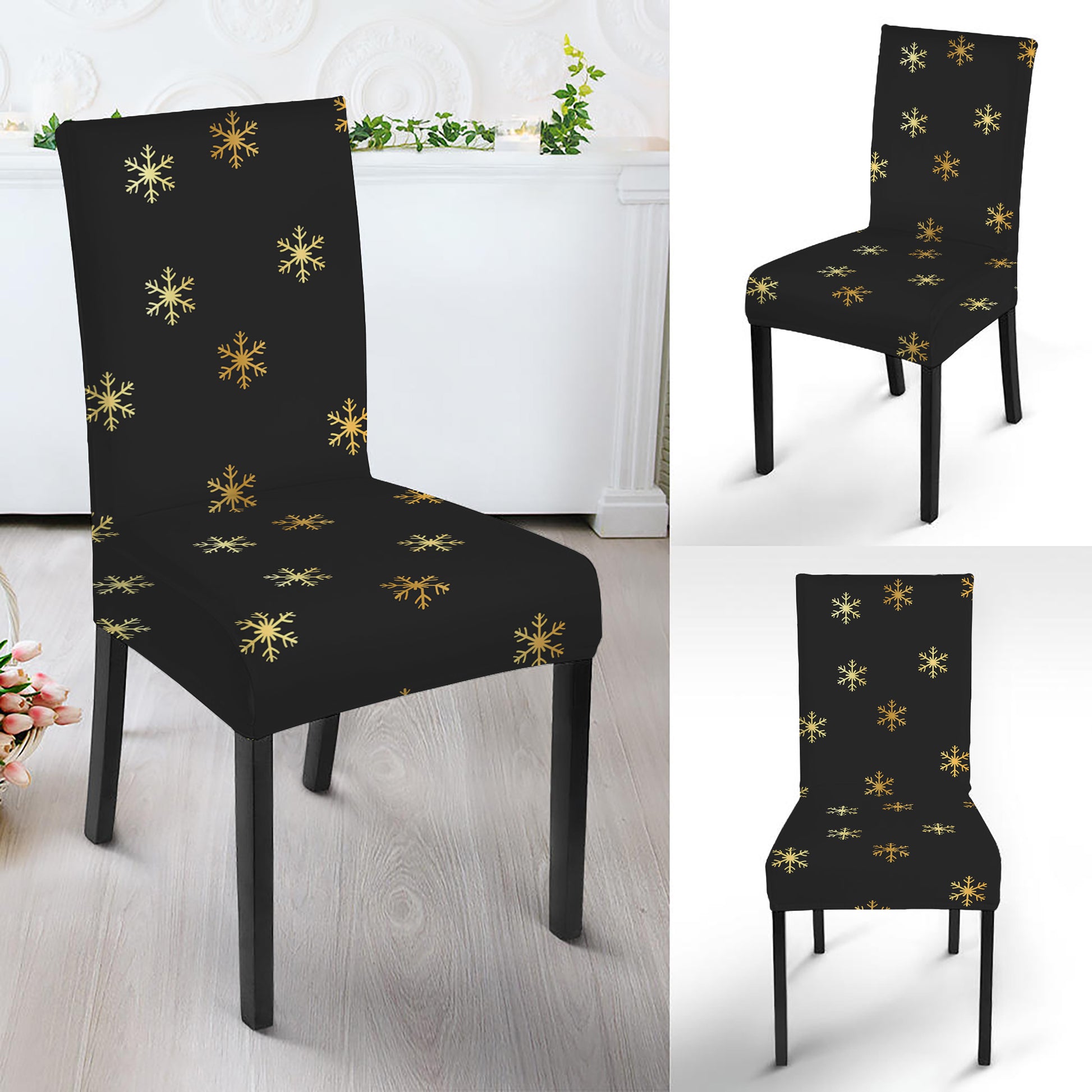 Black And Gold Snowflake Pattern Print Dining Chair Slipcover