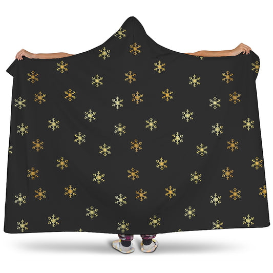 Black And Gold Snowflake Pattern Print Hooded Blanket
