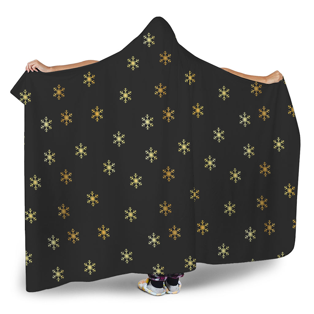 Black And Gold Snowflake Pattern Print Hooded Blanket
