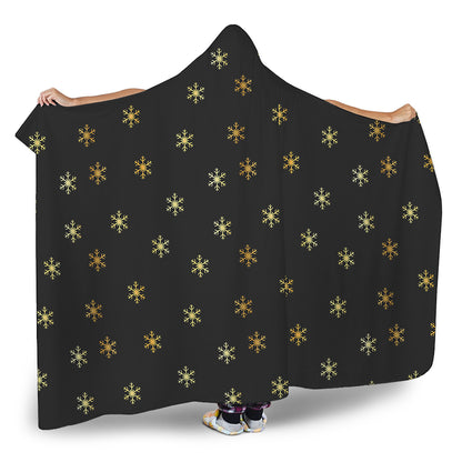 Black And Gold Snowflake Pattern Print Hooded Blanket