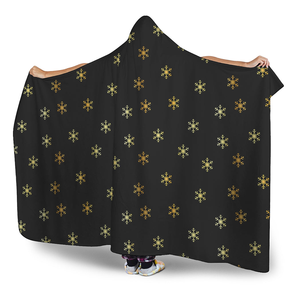 Black And Gold Snowflake Pattern Print Hooded Blanket