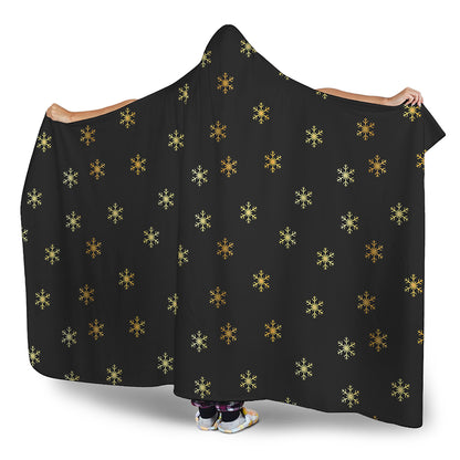 Black And Gold Snowflake Pattern Print Hooded Blanket