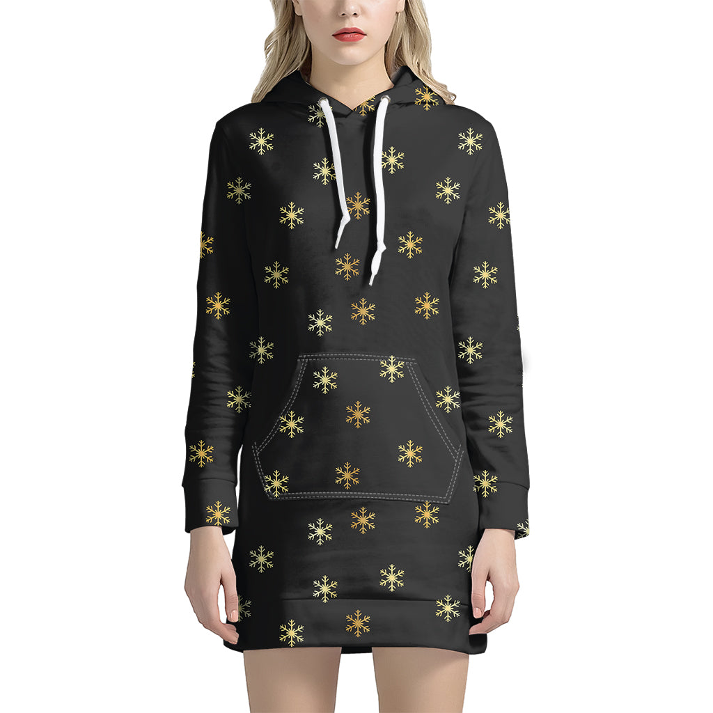 Black And Gold Snowflake Pattern Print Hoodie Dress