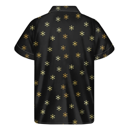 Black And Gold Snowflake Pattern Print Men's Short Sleeve Shirt