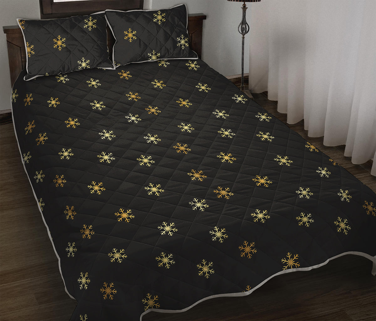 Black And Gold Snowflake Pattern Print Quilt Bed Set