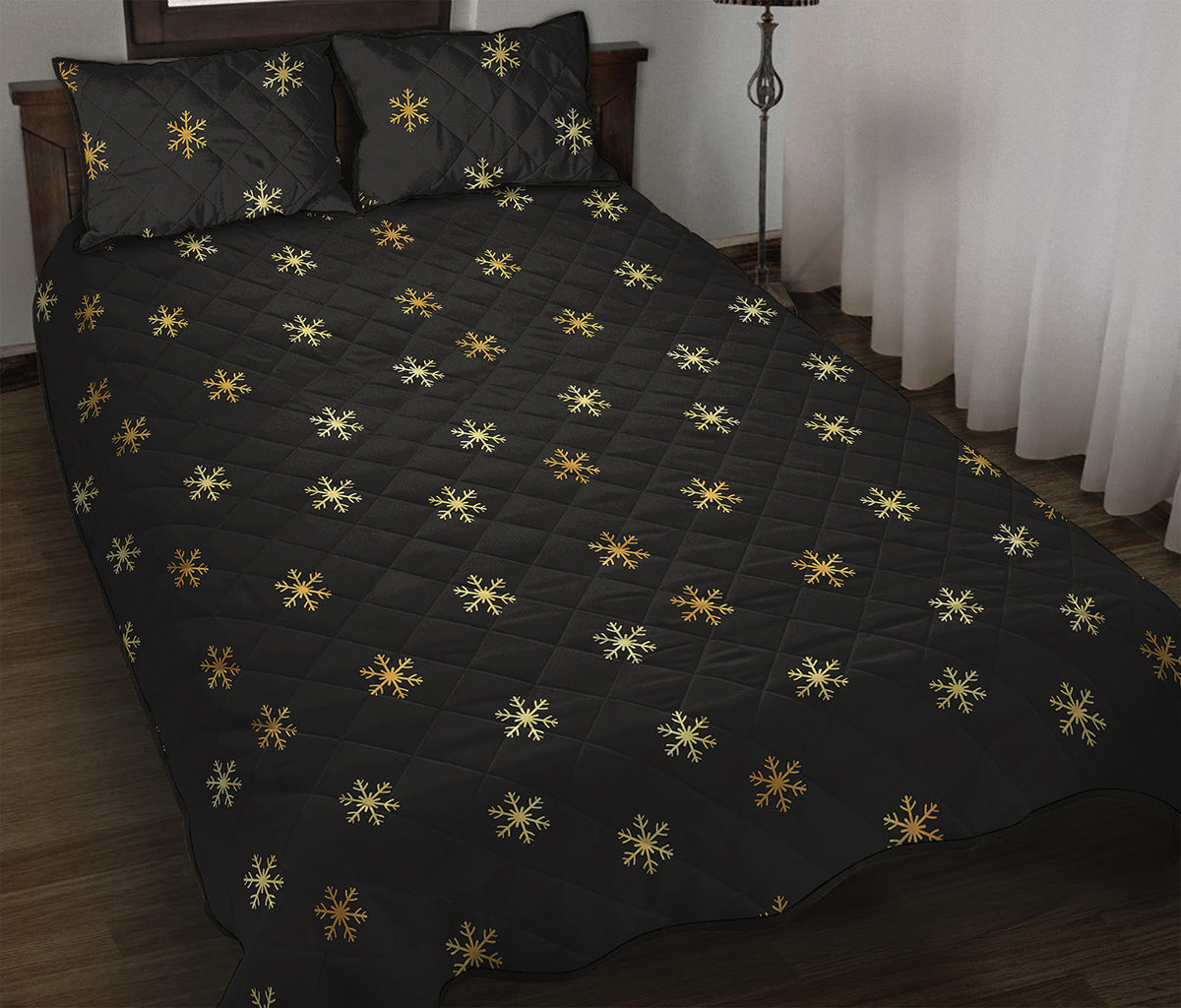 Black And Gold Snowflake Pattern Print Quilt Bed Set