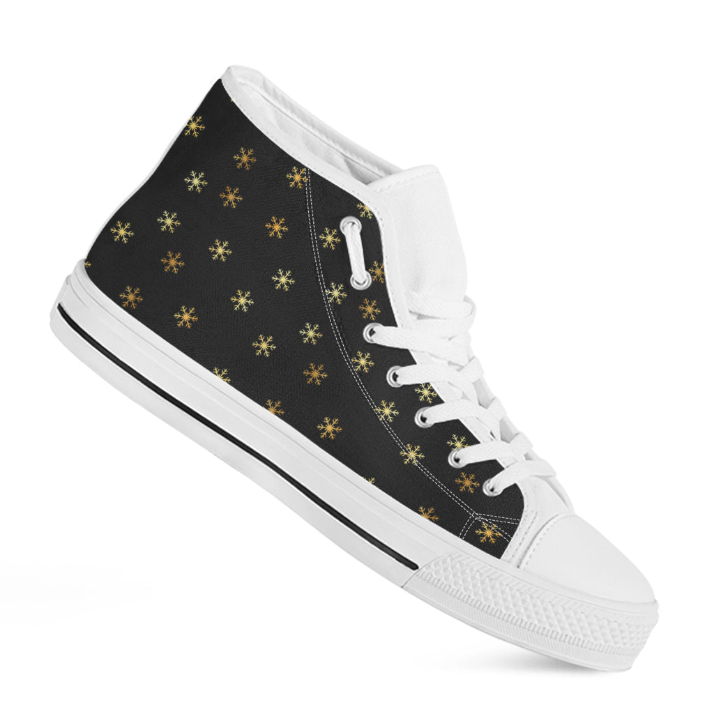 Black And Gold Snowflake Pattern Print White High Top Shoes