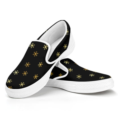 Black And Gold Snowflake Pattern Print White Slip On Shoes