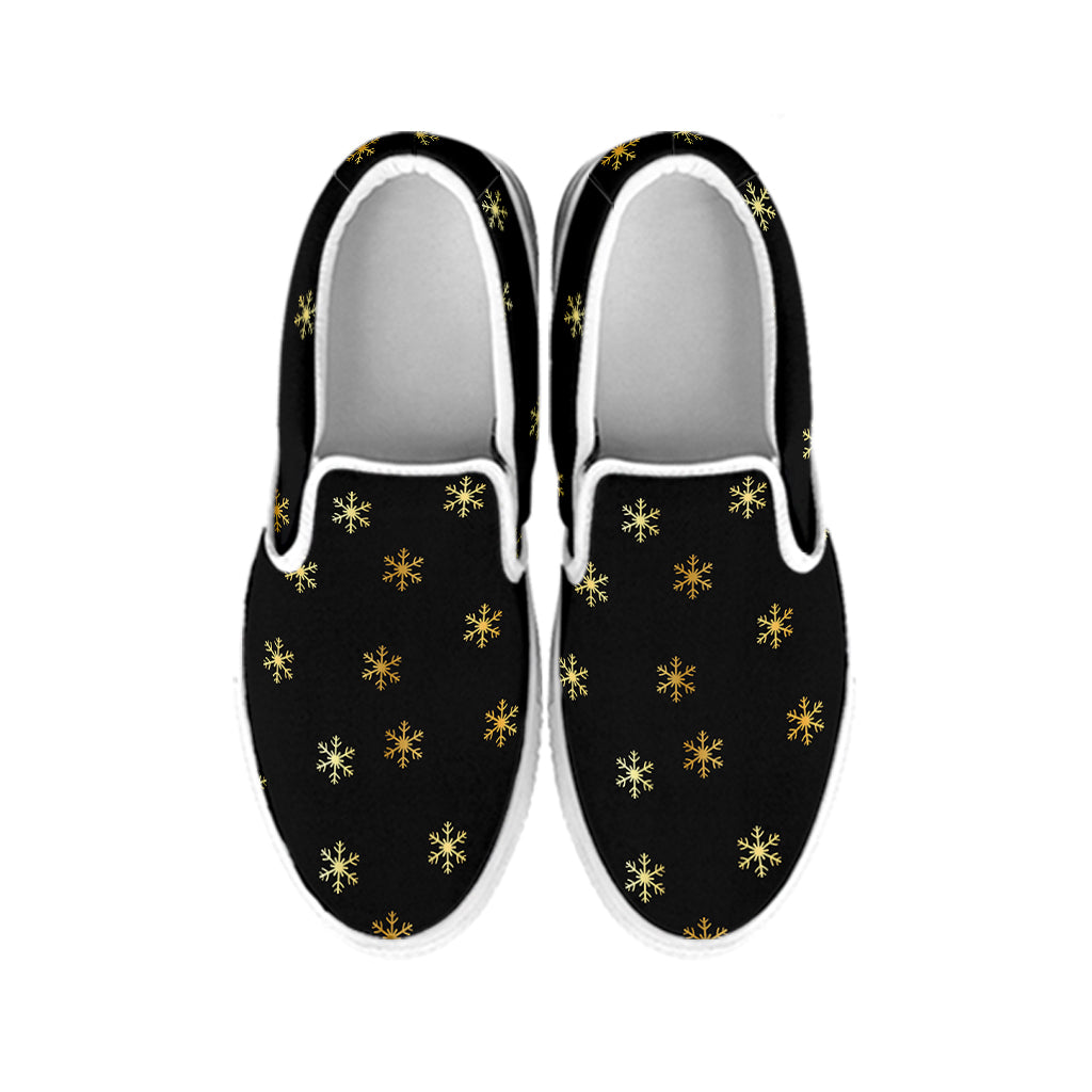 Black And Gold Snowflake Pattern Print White Slip On Shoes