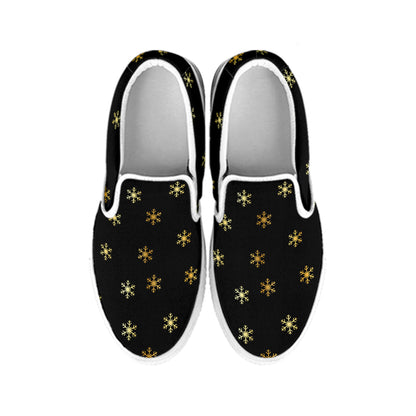 Black And Gold Snowflake Pattern Print White Slip On Shoes
