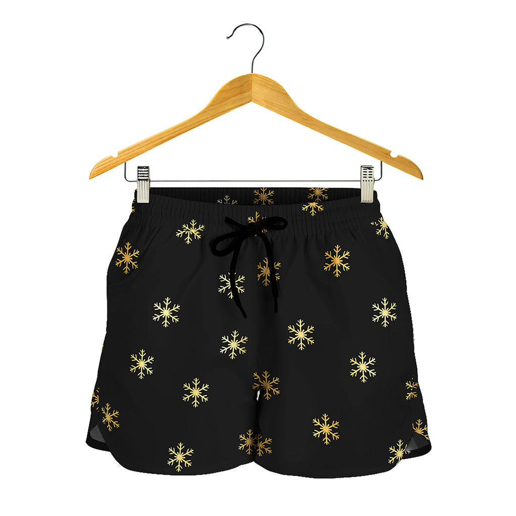 Black And Gold Snowflake Pattern Print Women's Shorts