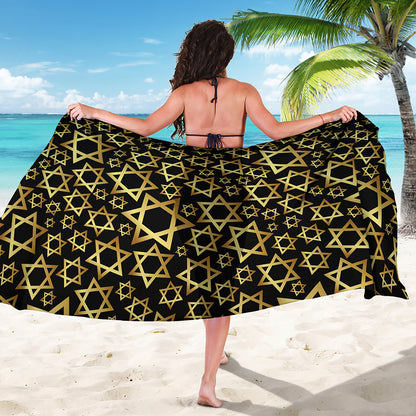 Black And Gold Star of David Print Beach Sarong Wrap