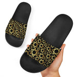 Black And Gold Star of David Print Black Slide Sandals