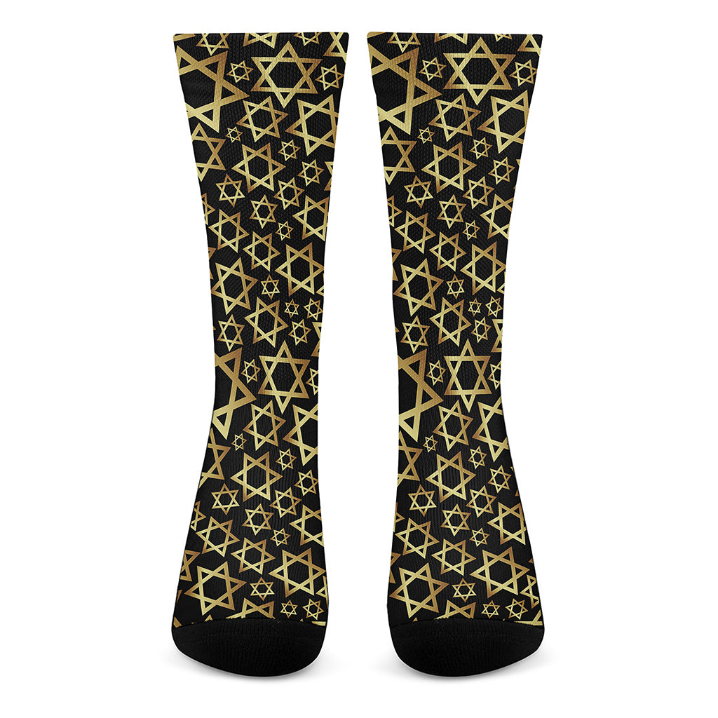 Black And Gold Star of David Print Crew Socks