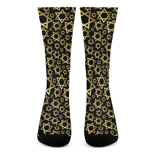 Black And Gold Star of David Print Crew Socks