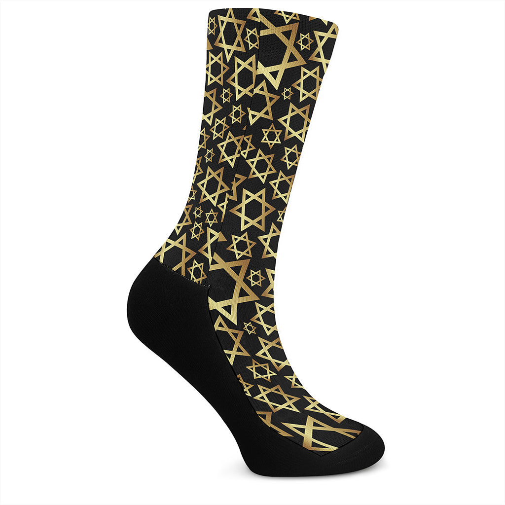 Black And Gold Star of David Print Crew Socks