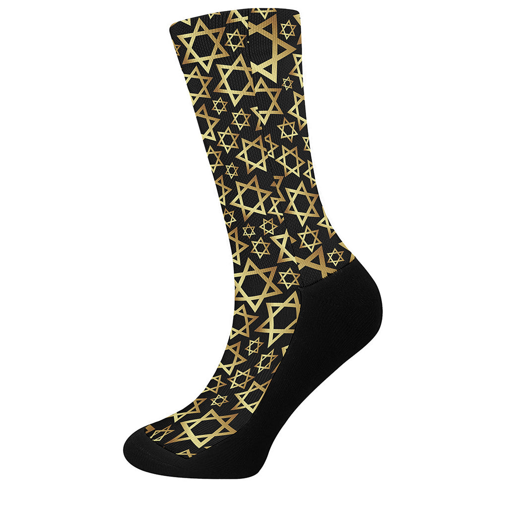 Black And Gold Star of David Print Crew Socks