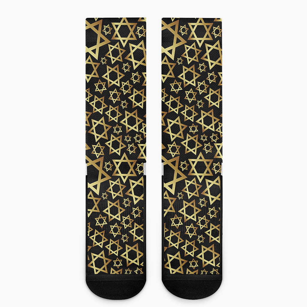 Black And Gold Star of David Print Crew Socks