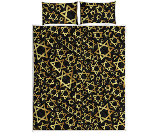 Black And Gold Star of David Print Quilt Bed Set