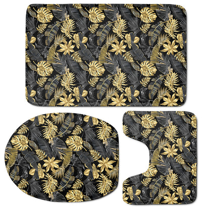 Black And Gold Tropical Pattern Print 3 Piece Bath Mat Set