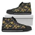 Black And Gold Tropical Pattern Print Black High Top Shoes