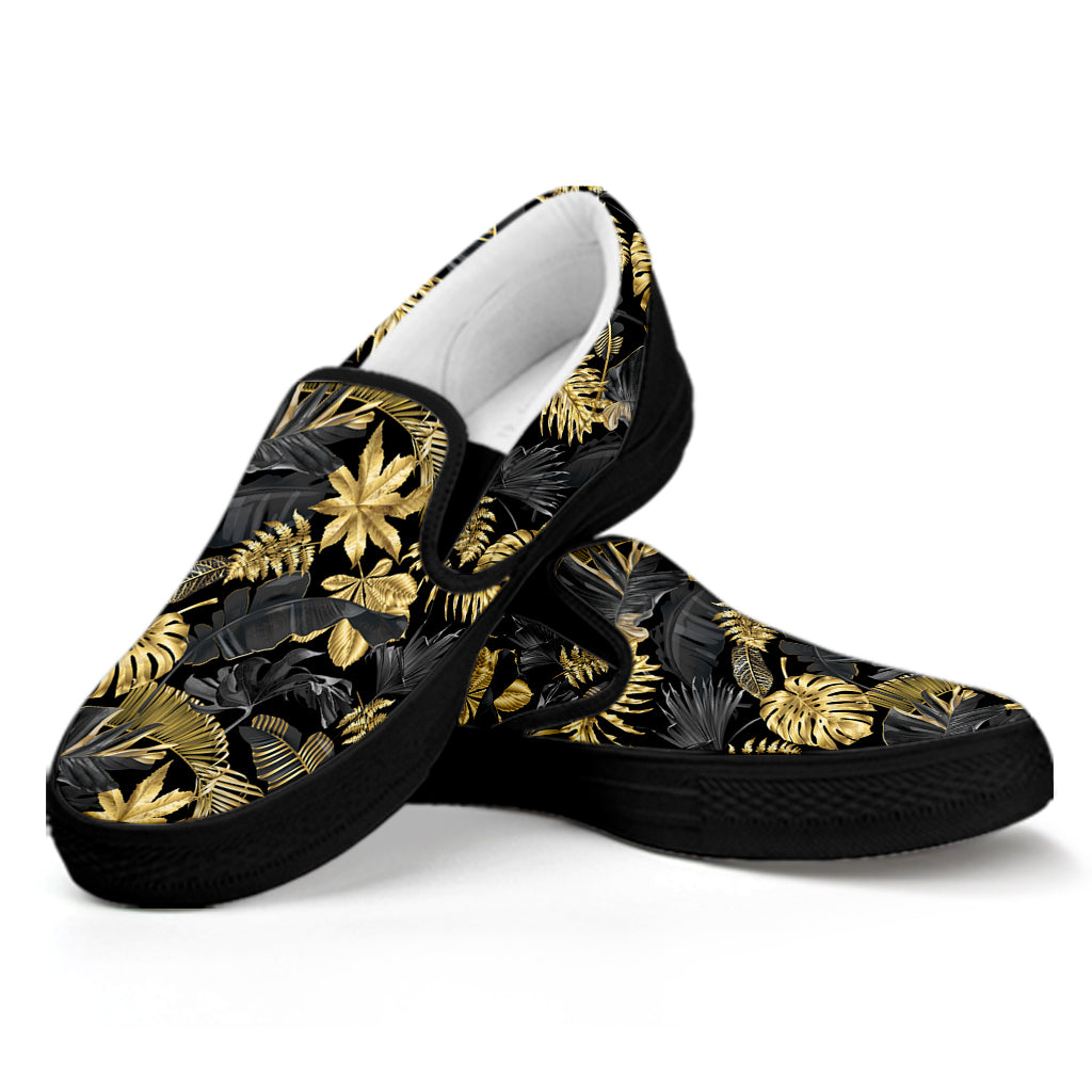 Black And Gold Tropical Pattern Print Black Slip On Shoes
