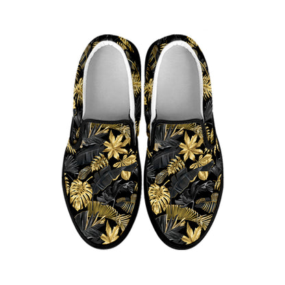 Black And Gold Tropical Pattern Print Black Slip On Shoes