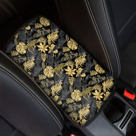 Black And Gold Tropical Pattern Print Car Center Console Cover