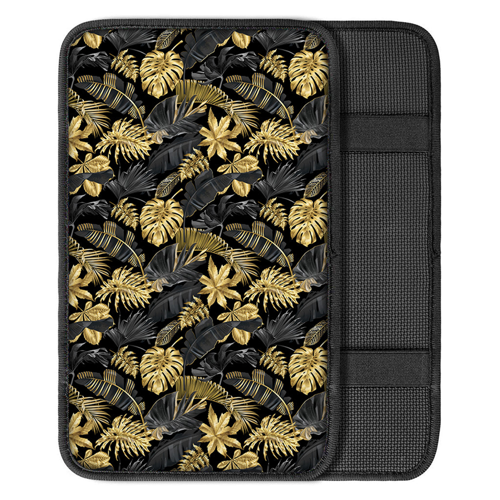 Black And Gold Tropical Pattern Print Car Center Console Cover