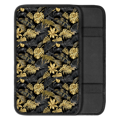 Black And Gold Tropical Pattern Print Car Center Console Cover