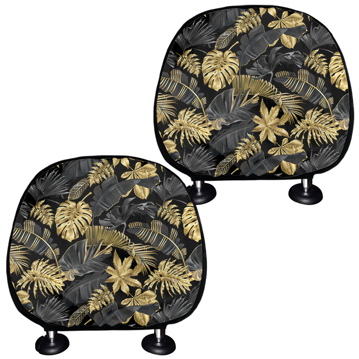 Black And Gold Tropical Pattern Print Car Headrest Covers