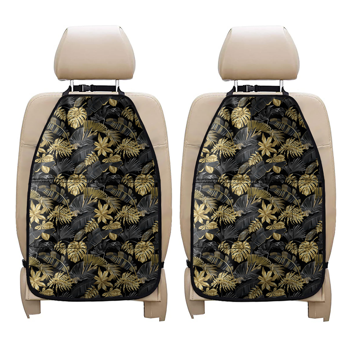 Black And Gold Tropical Pattern Print Car Seat Organizers