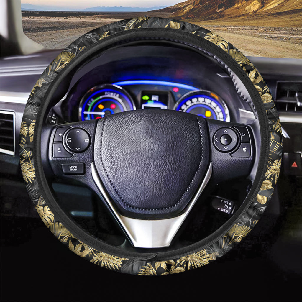 Black And Gold Tropical Pattern Print Car Steering Wheel Cover