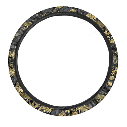 Black And Gold Tropical Pattern Print Car Steering Wheel Cover
