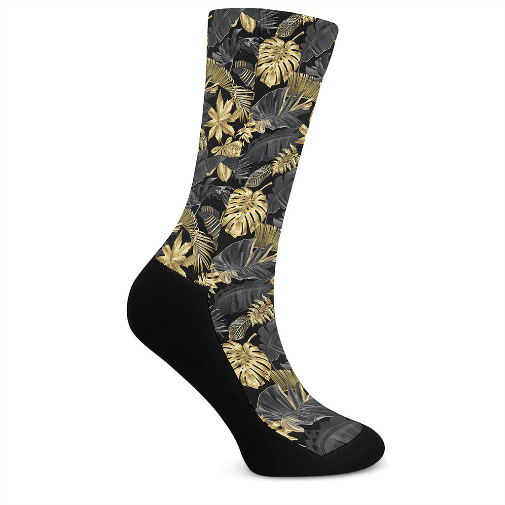 Black And Gold Tropical Pattern Print Crew Socks