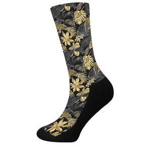 Black And Gold Tropical Pattern Print Crew Socks