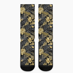 Black And Gold Tropical Pattern Print Crew Socks