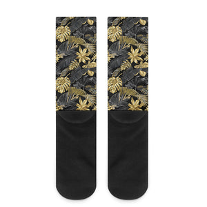 Black And Gold Tropical Pattern Print Crew Socks