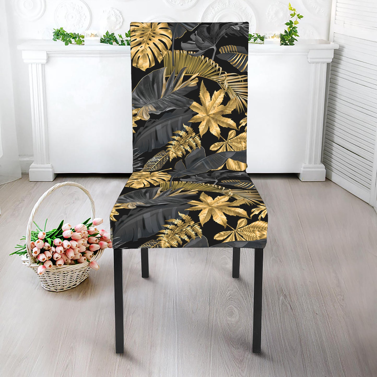 Black And Gold Tropical Pattern Print Dining Chair Slipcover