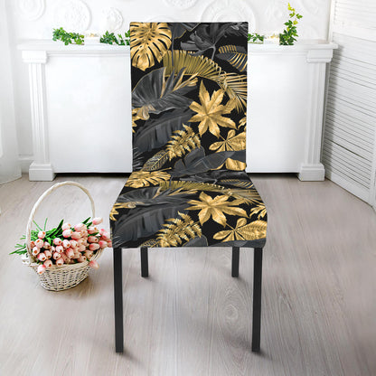Black And Gold Tropical Pattern Print Dining Chair Slipcover