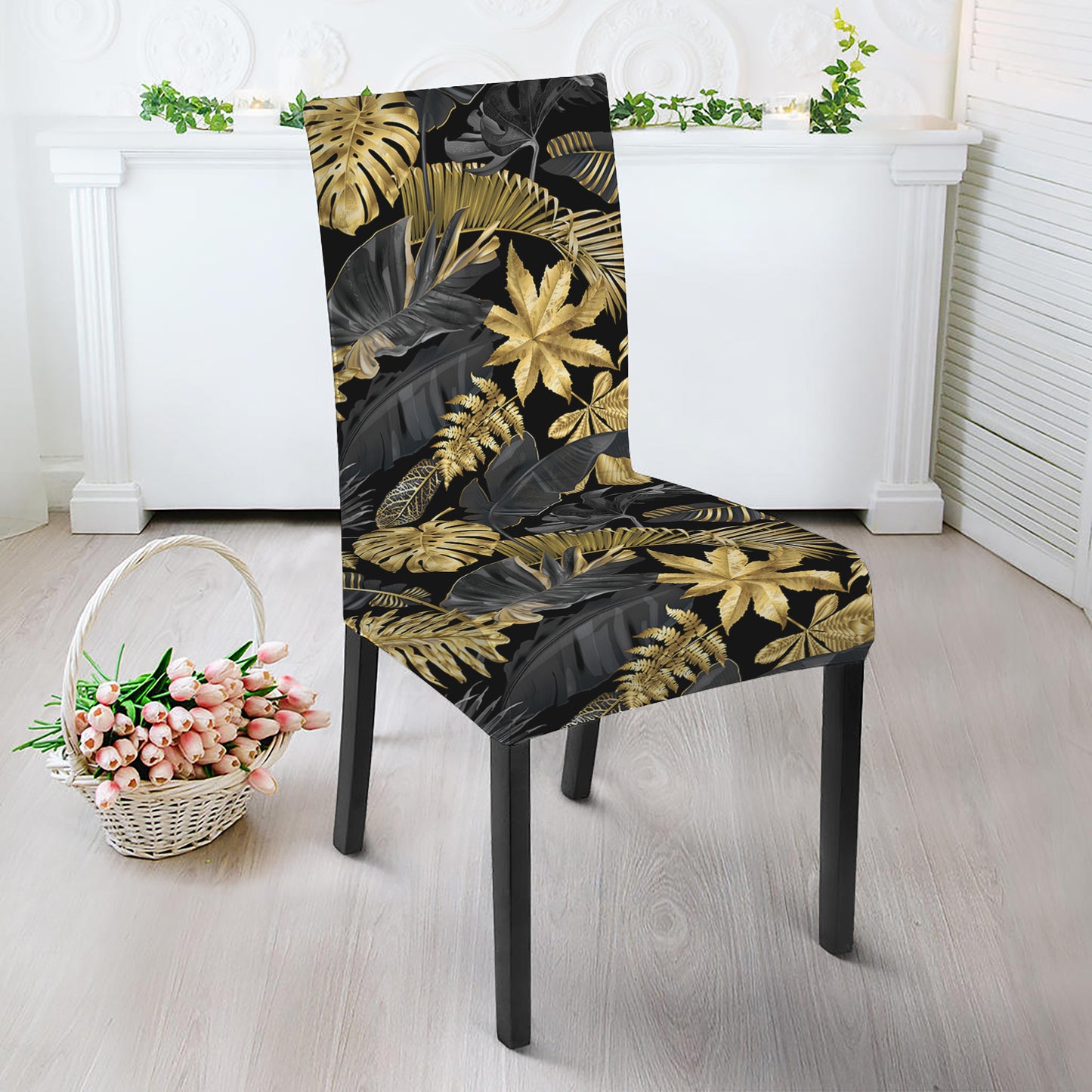 Black And Gold Tropical Pattern Print Dining Chair Slipcover