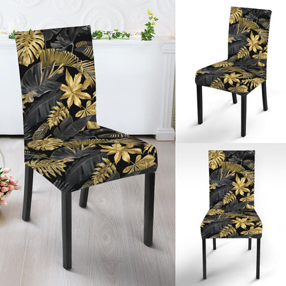 Black And Gold Tropical Pattern Print Dining Chair Slipcover