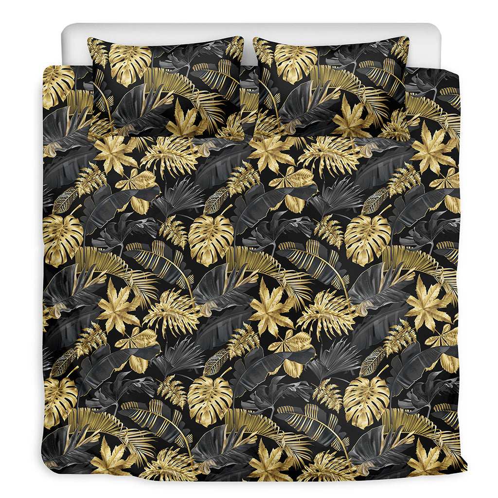 Black And Gold Tropical Pattern Print Duvet Cover Bedding Set