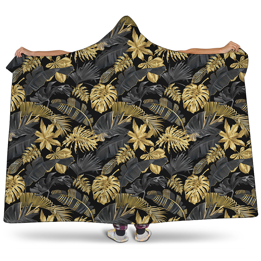 Black And Gold Tropical Pattern Print Hooded Blanket