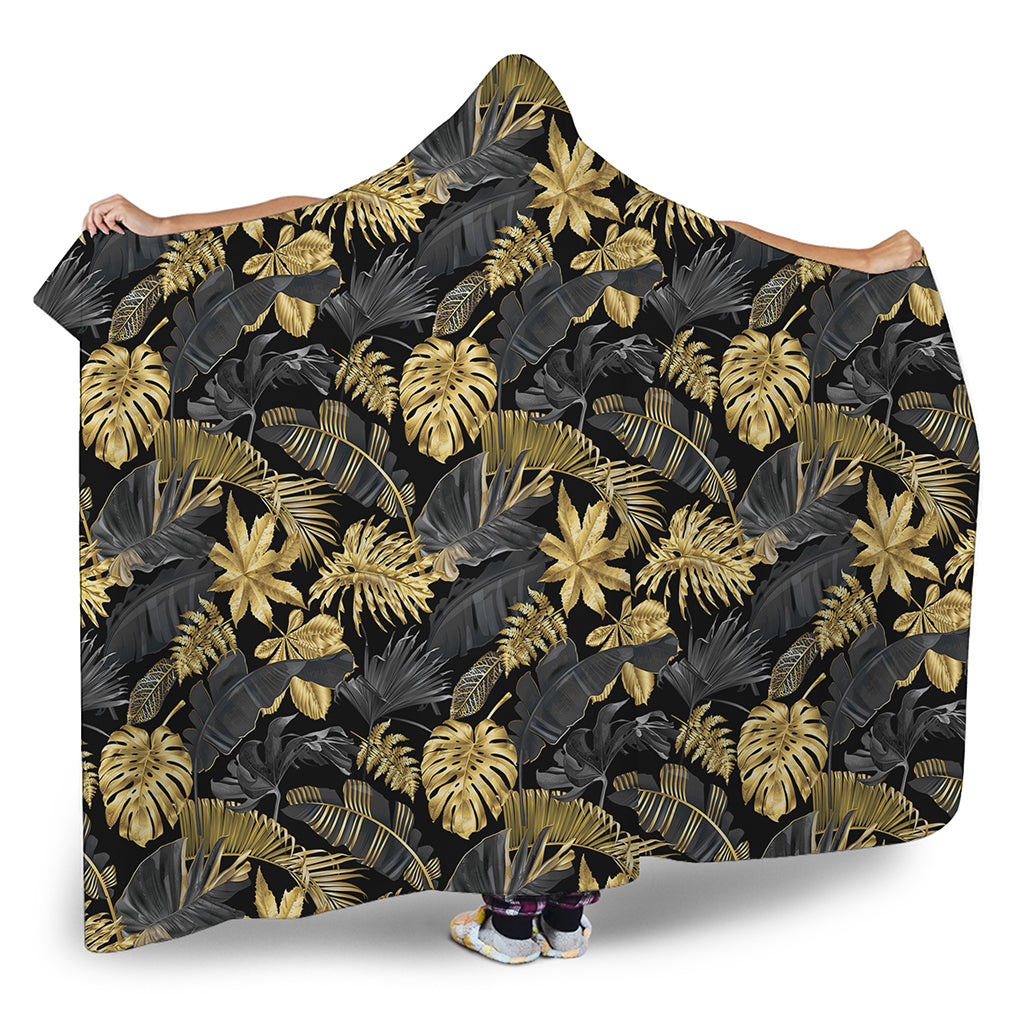 Black And Gold Tropical Pattern Print Hooded Blanket