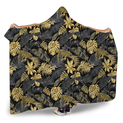 Black And Gold Tropical Pattern Print Hooded Blanket